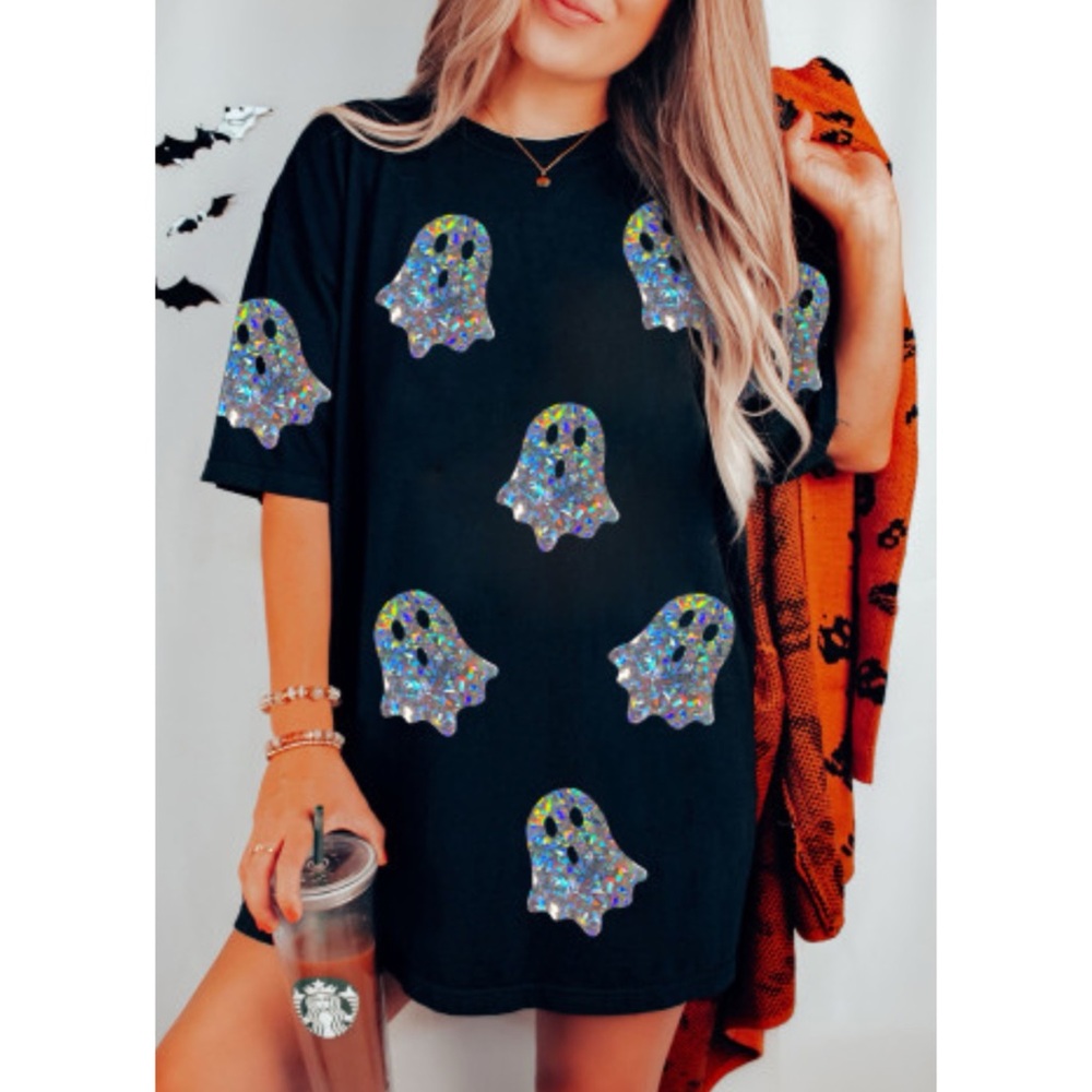 👻‎ SEQUIN GOTH CUTE SPOOKY GHOST BLACK HOLOGRAPHIC OVERSIZED T-SHIRT